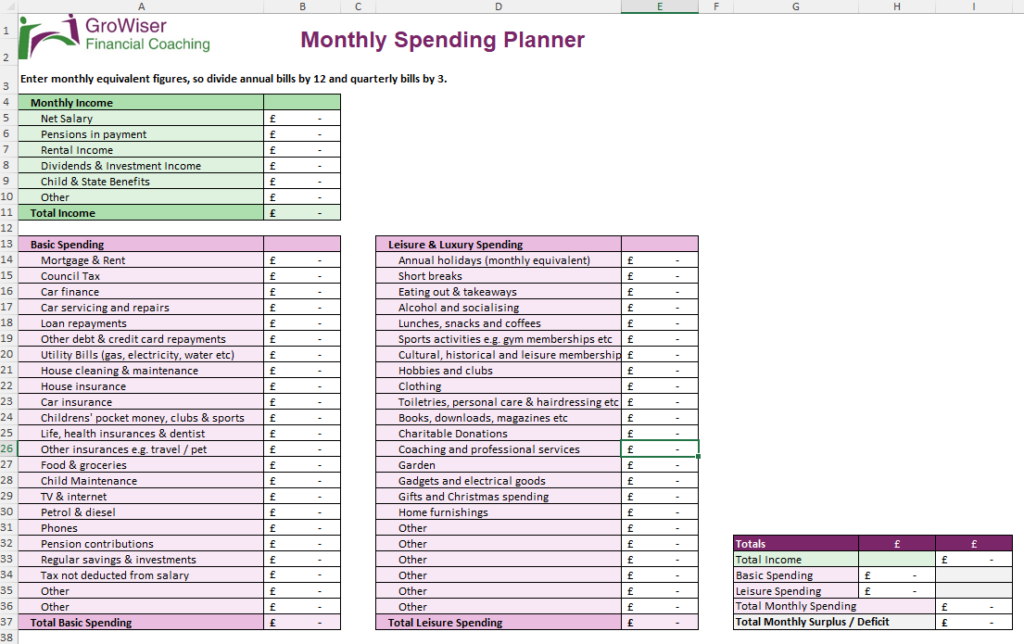 Spending Plan spreadsheet